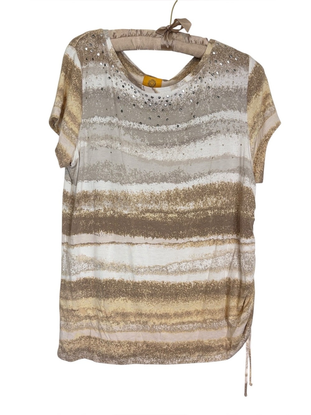 Ruby Rd Embellished Studded Top Neutral Stripe Side Tie Short Sleeve Size L